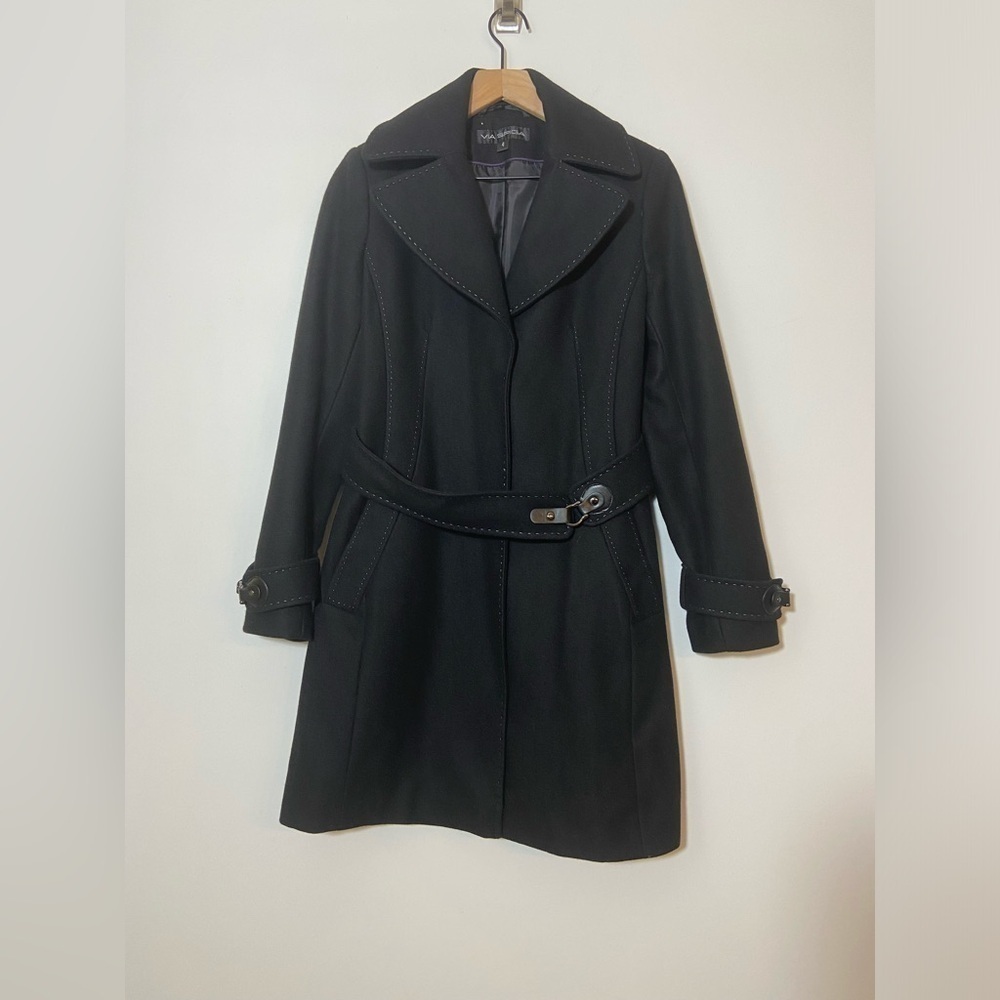 Via Spiga Womens Black Wool Blend Trench Coat Belted Size 4